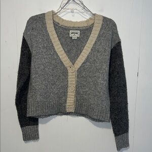 American Eagle Outfitters Gray and Cream Crop Wool Blend Cardigan 0025